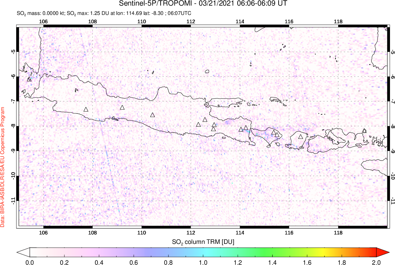 A sulfur dioxide image over Java, Indonesia on Mar 21, 2021.