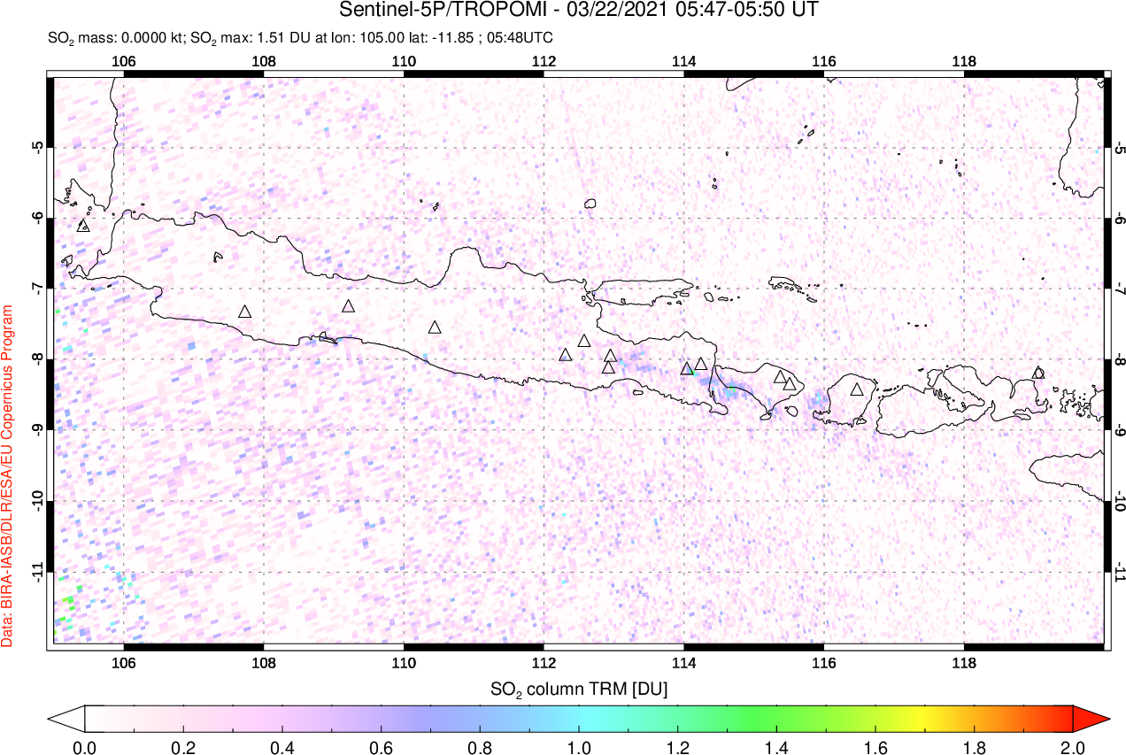 A sulfur dioxide image over Java, Indonesia on Mar 22, 2021.