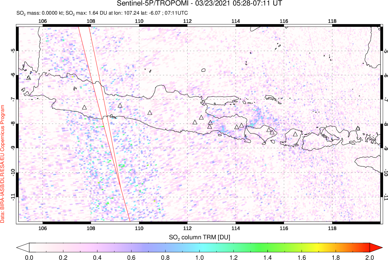 A sulfur dioxide image over Java, Indonesia on Mar 23, 2021.