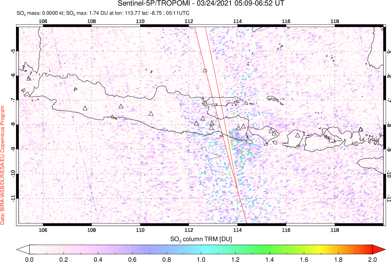 A sulfur dioxide image over Java, Indonesia on Mar 24, 2021.
