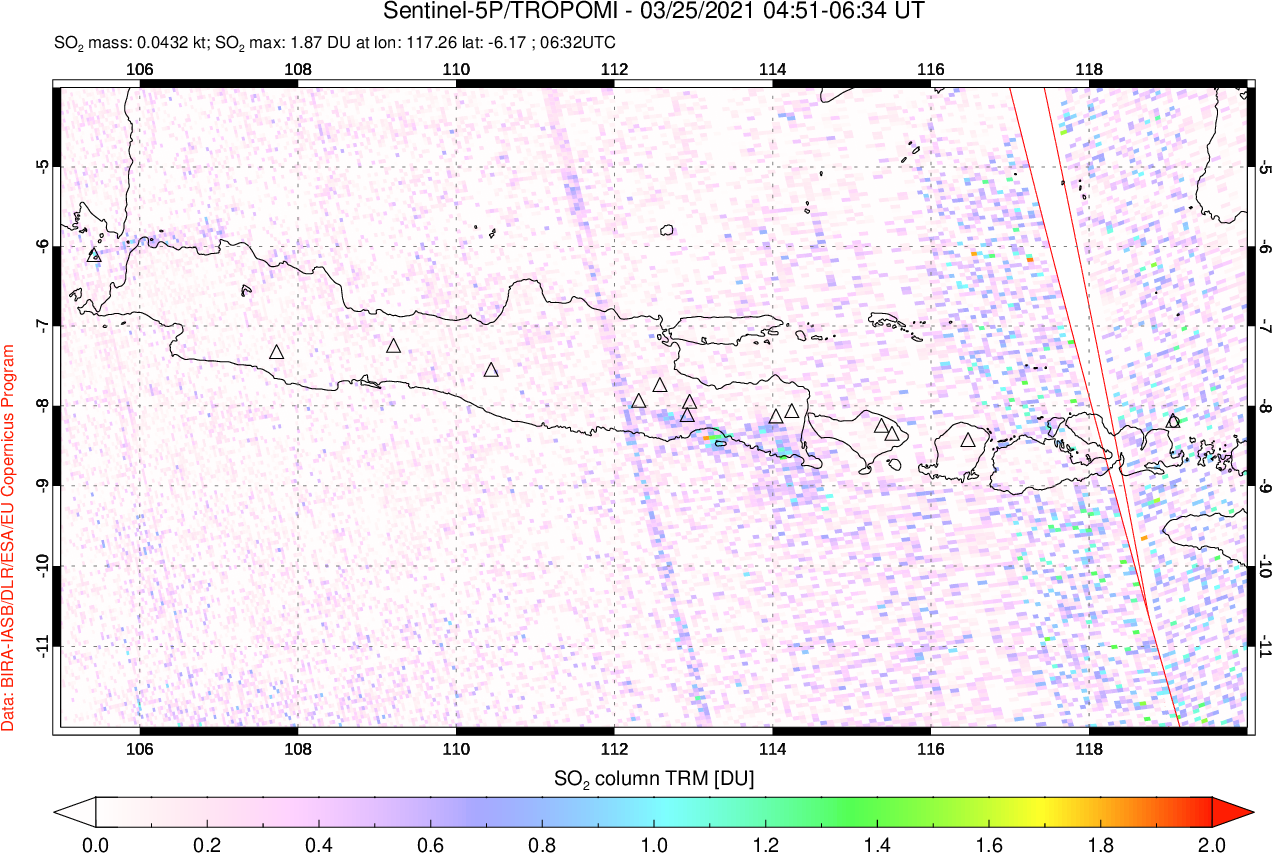 A sulfur dioxide image over Java, Indonesia on Mar 25, 2021.