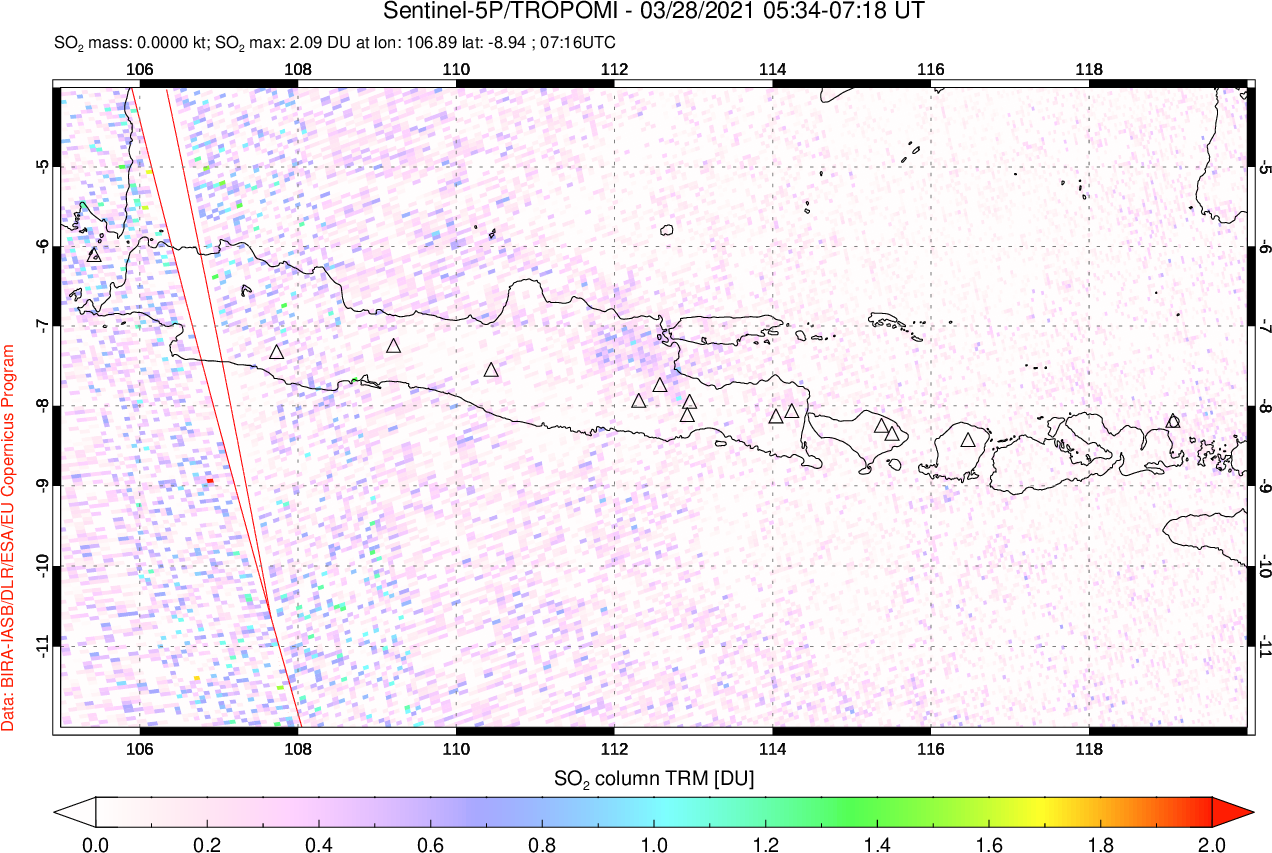 A sulfur dioxide image over Java, Indonesia on Mar 28, 2021.