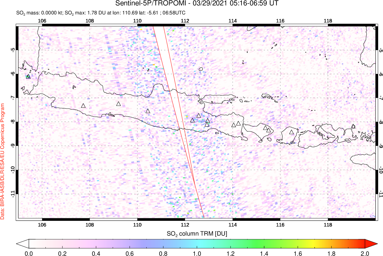 A sulfur dioxide image over Java, Indonesia on Mar 29, 2021.
