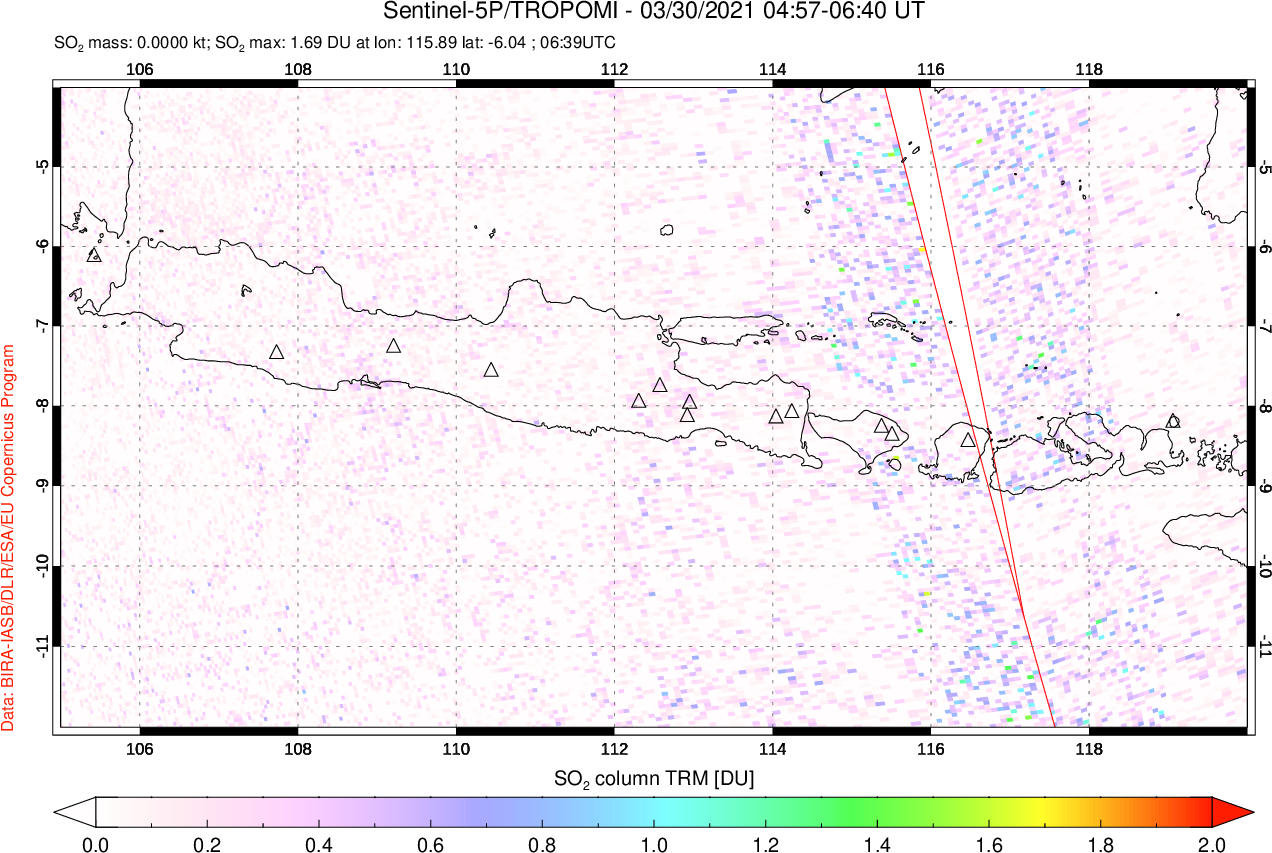 A sulfur dioxide image over Java, Indonesia on Mar 30, 2021.