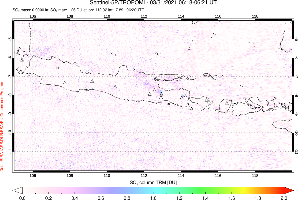 A sulfur dioxide image over Java, Indonesia on Mar 31, 2021.