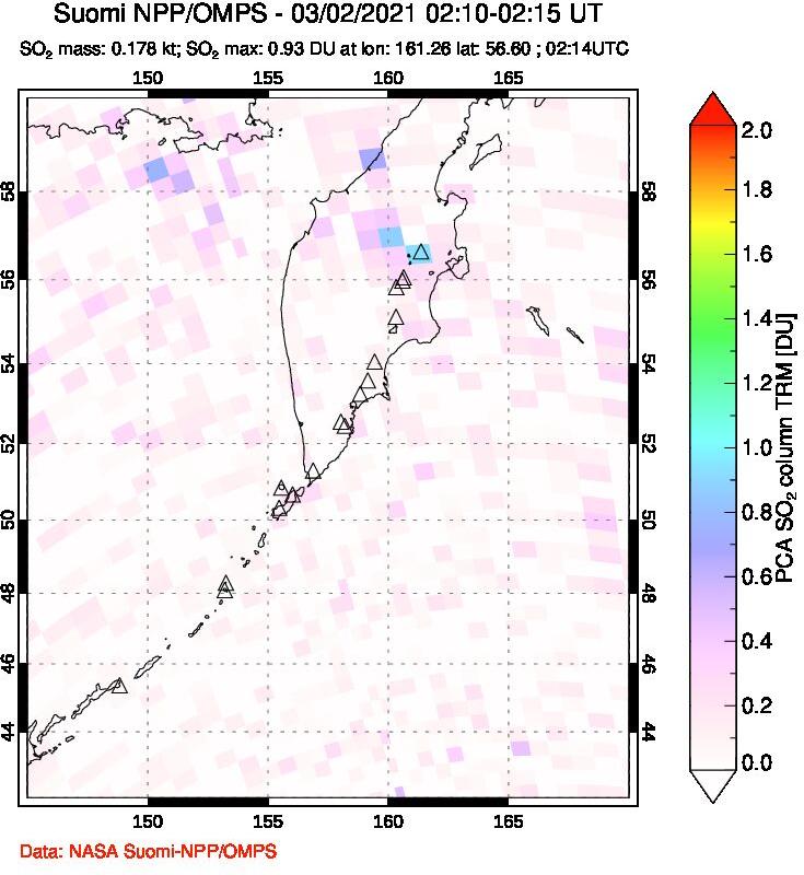 A sulfur dioxide image over Kamchatka, Russian Federation on Mar 02, 2021.