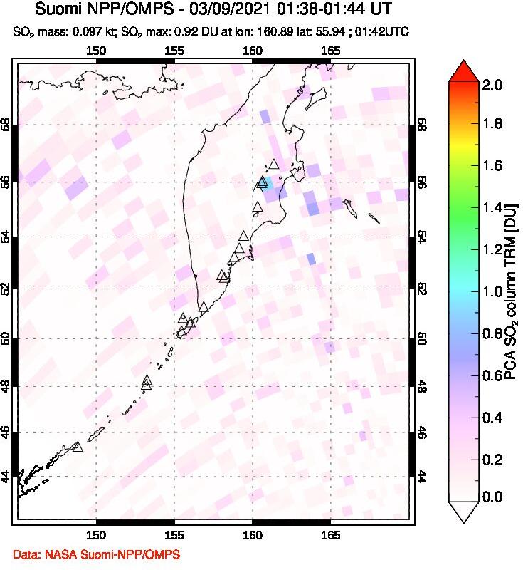 A sulfur dioxide image over Kamchatka, Russian Federation on Mar 09, 2021.