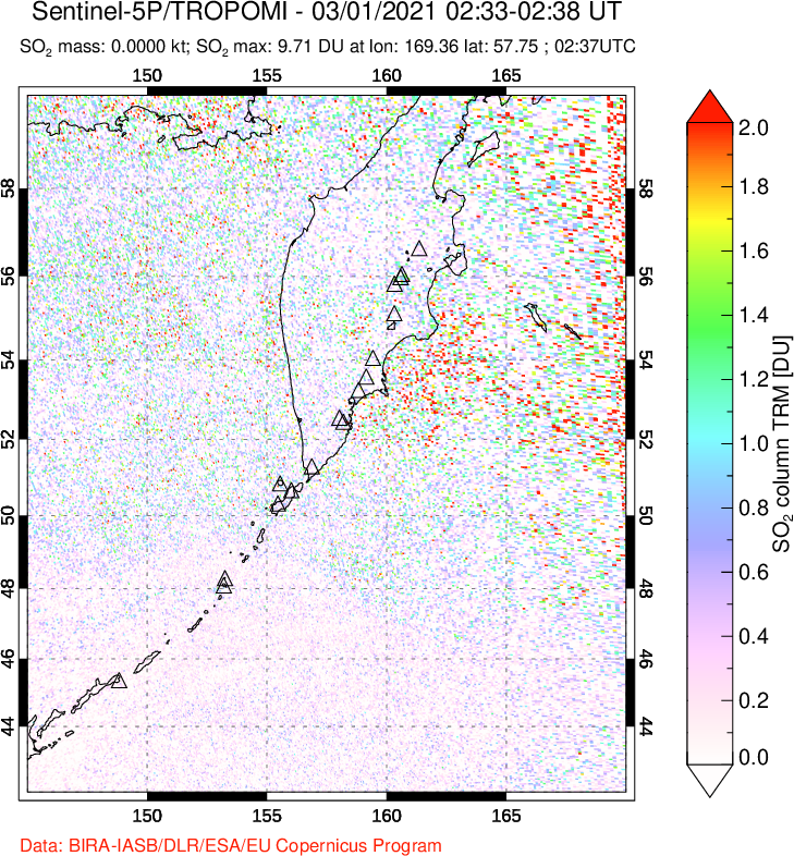 A sulfur dioxide image over Kamchatka, Russian Federation on Mar 01, 2021.