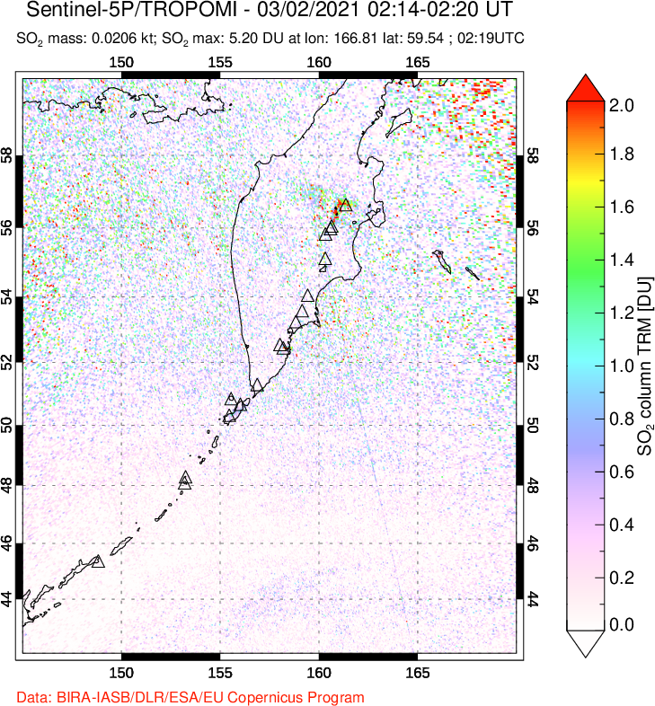 A sulfur dioxide image over Kamchatka, Russian Federation on Mar 02, 2021.