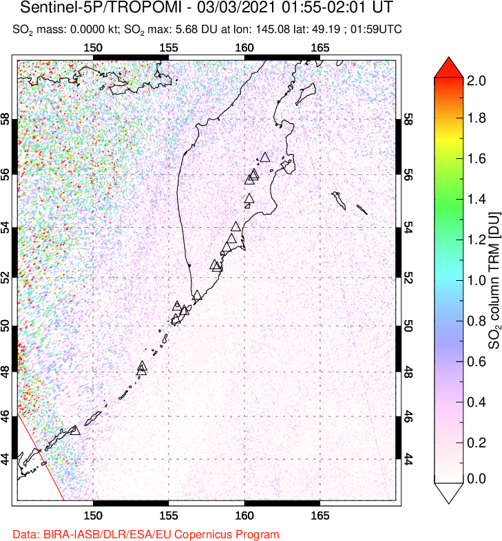 A sulfur dioxide image over Kamchatka, Russian Federation on Mar 03, 2021.