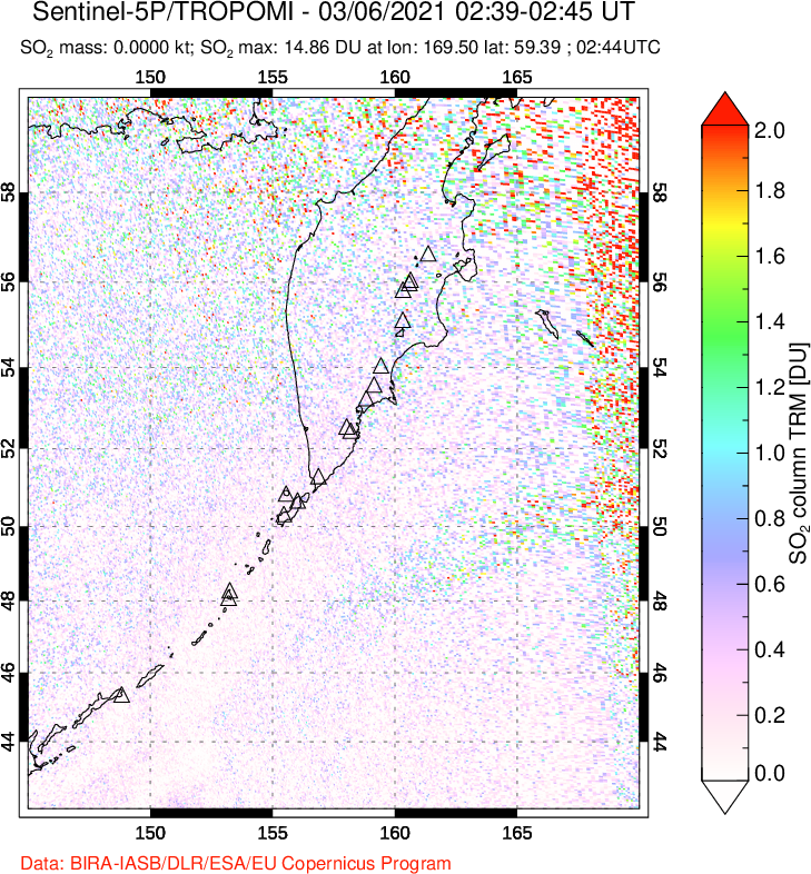 A sulfur dioxide image over Kamchatka, Russian Federation on Mar 06, 2021.