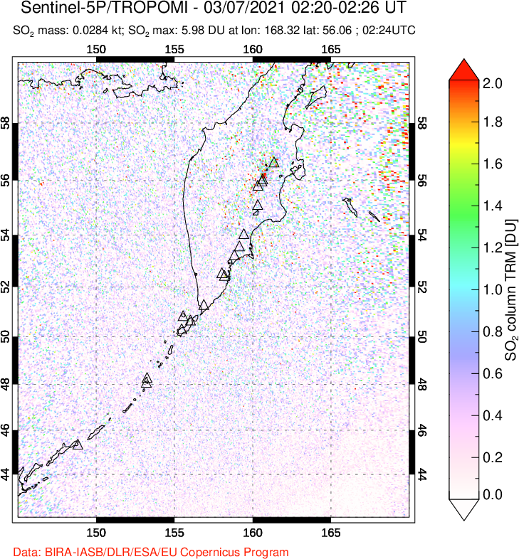A sulfur dioxide image over Kamchatka, Russian Federation on Mar 07, 2021.