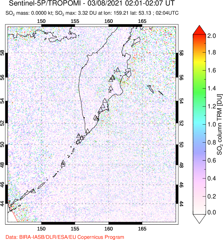 A sulfur dioxide image over Kamchatka, Russian Federation on Mar 08, 2021.