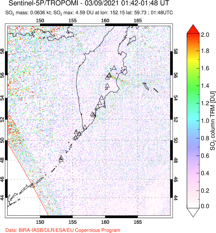 A sulfur dioxide image over Kamchatka, Russian Federation on Mar 09, 2021.