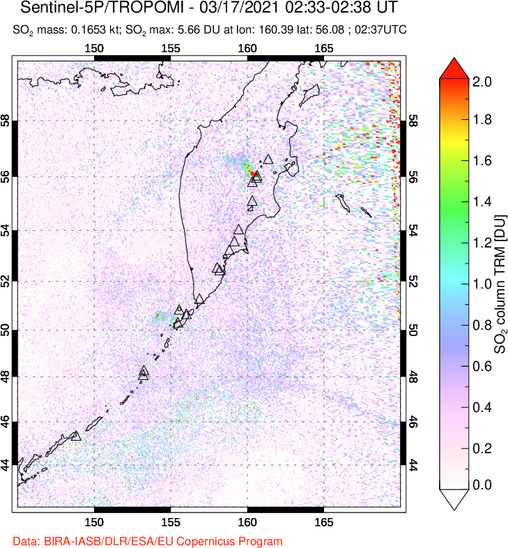 A sulfur dioxide image over Kamchatka, Russian Federation on Mar 17, 2021.