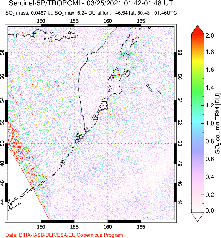 A sulfur dioxide image over Kamchatka, Russian Federation on Mar 25, 2021.