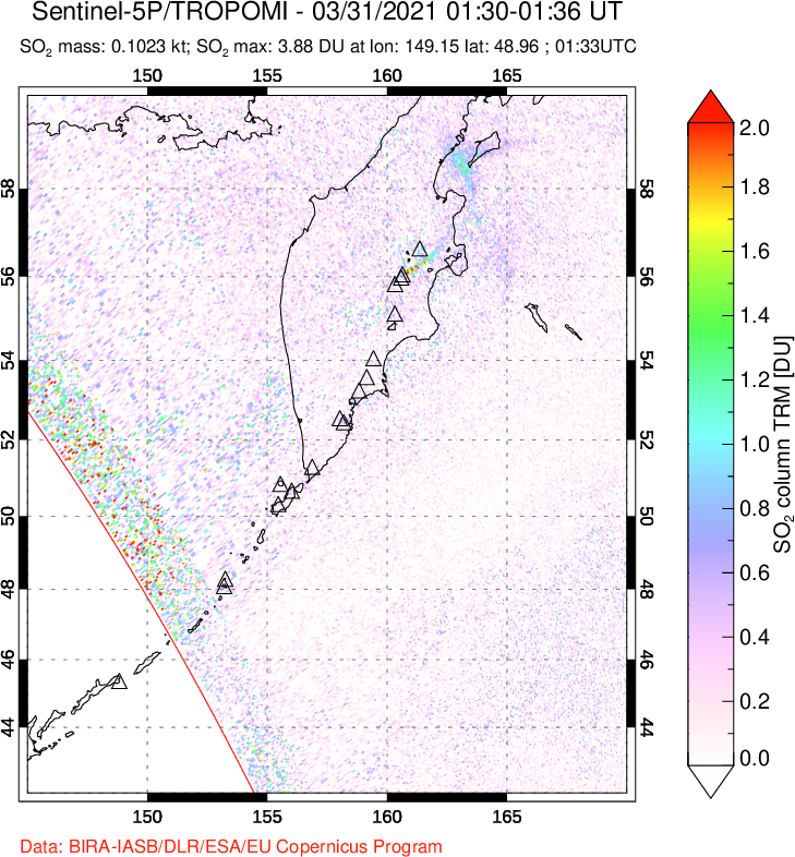 A sulfur dioxide image over Kamchatka, Russian Federation on Mar 31, 2021.