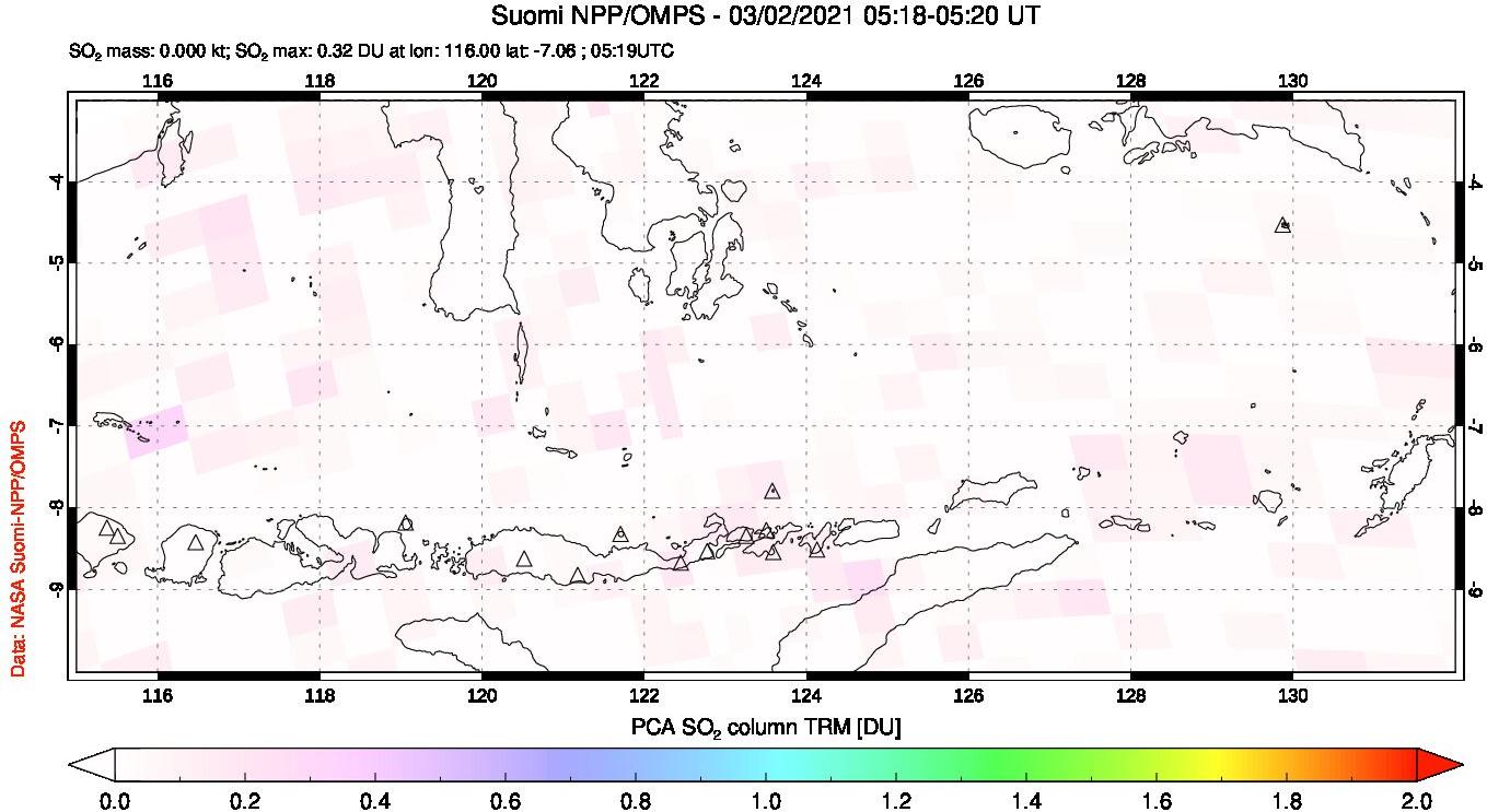A sulfur dioxide image over Lesser Sunda Islands, Indonesia on Mar 02, 2021.