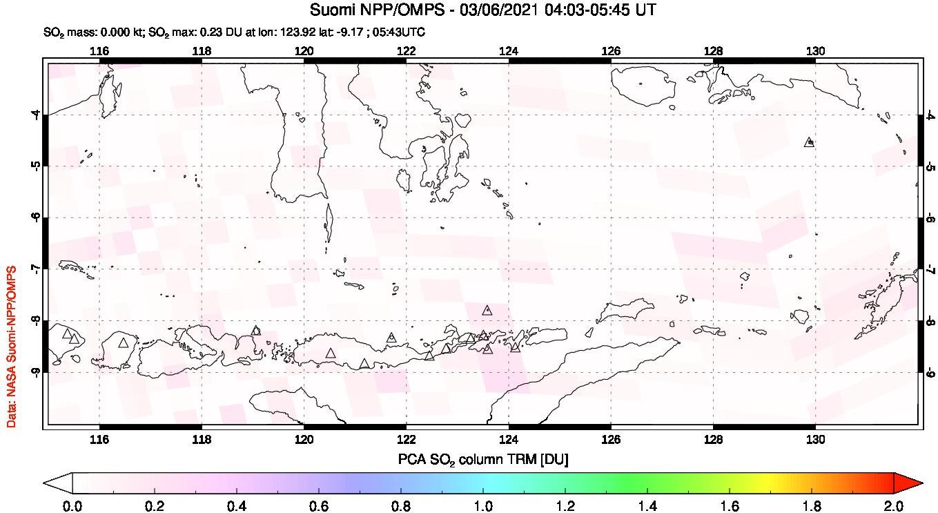 A sulfur dioxide image over Lesser Sunda Islands, Indonesia on Mar 06, 2021.