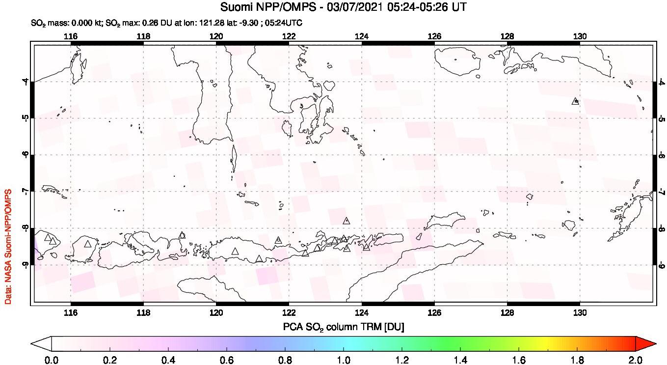 A sulfur dioxide image over Lesser Sunda Islands, Indonesia on Mar 07, 2021.