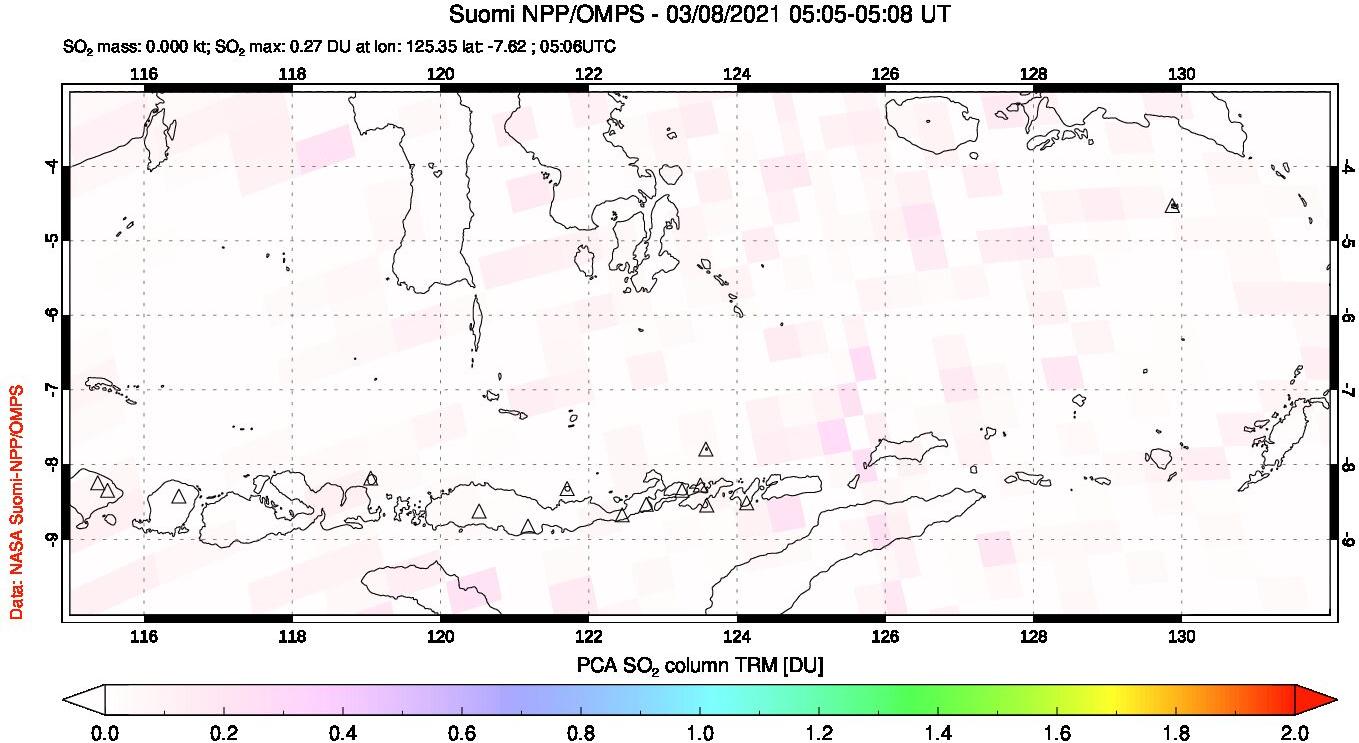 A sulfur dioxide image over Lesser Sunda Islands, Indonesia on Mar 08, 2021.