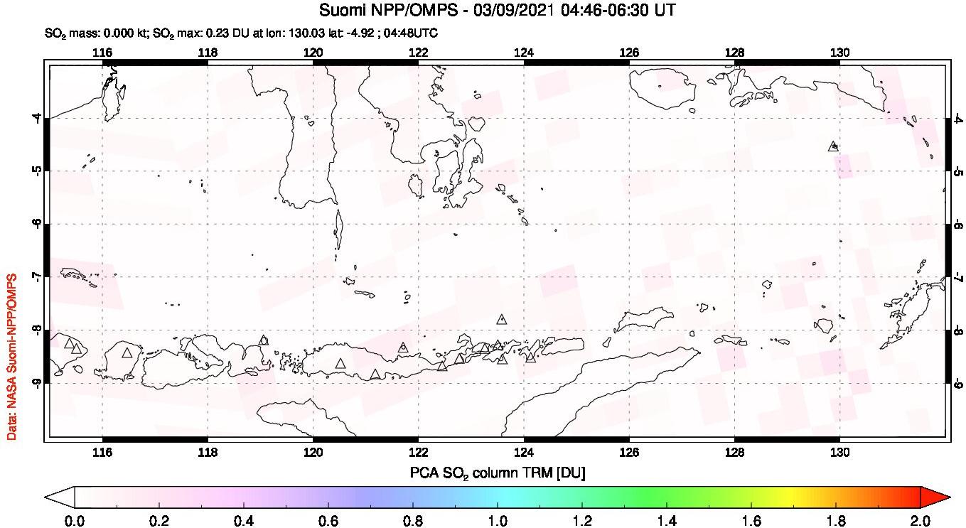 A sulfur dioxide image over Lesser Sunda Islands, Indonesia on Mar 09, 2021.