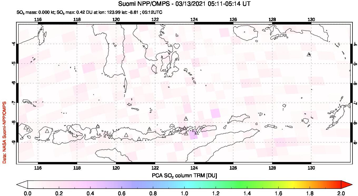 A sulfur dioxide image over Lesser Sunda Islands, Indonesia on Mar 13, 2021.