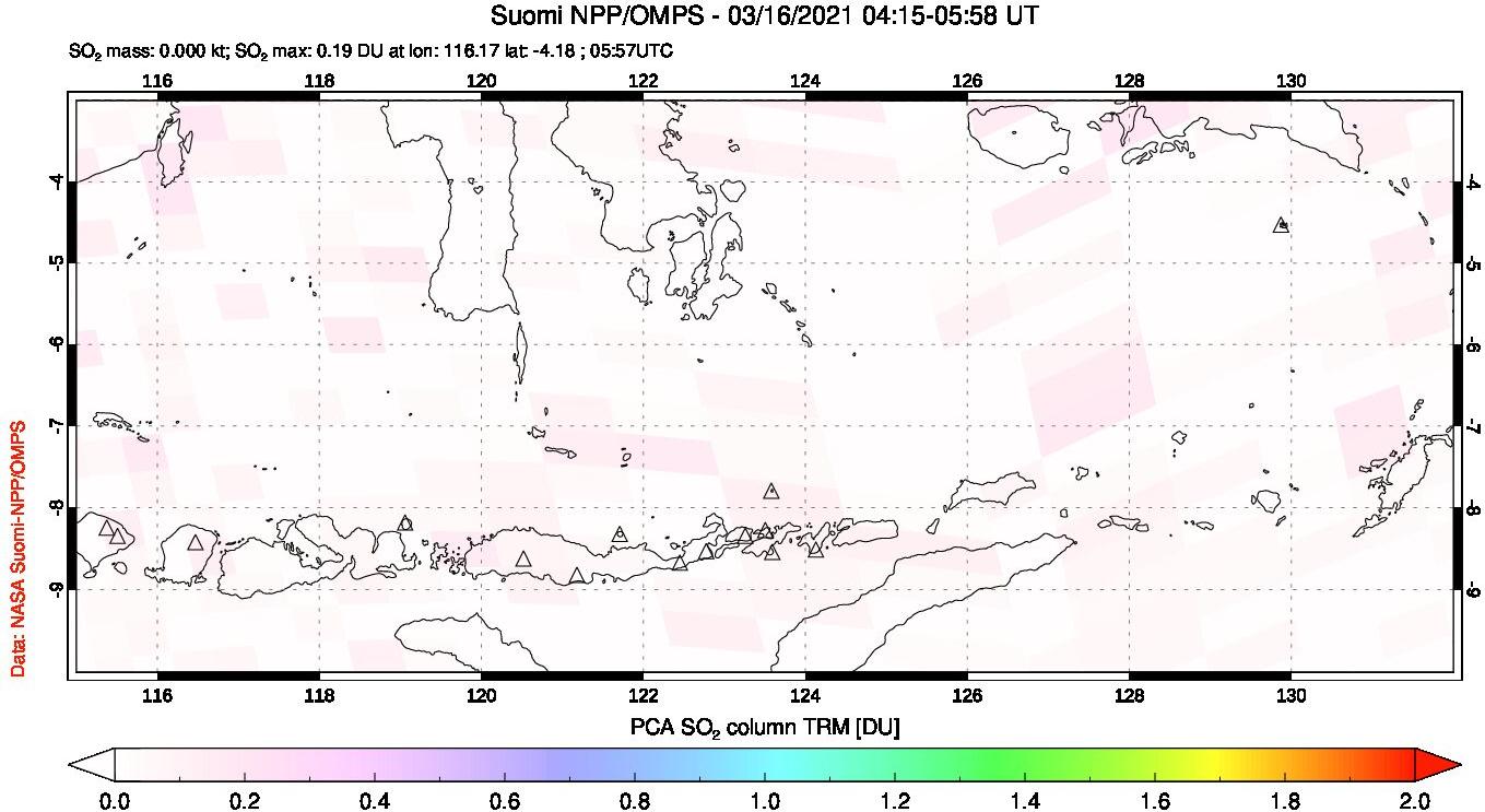 A sulfur dioxide image over Lesser Sunda Islands, Indonesia on Mar 16, 2021.