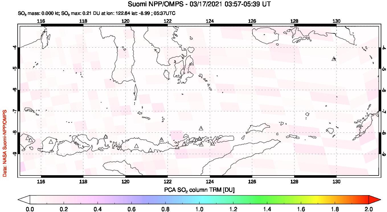 A sulfur dioxide image over Lesser Sunda Islands, Indonesia on Mar 17, 2021.