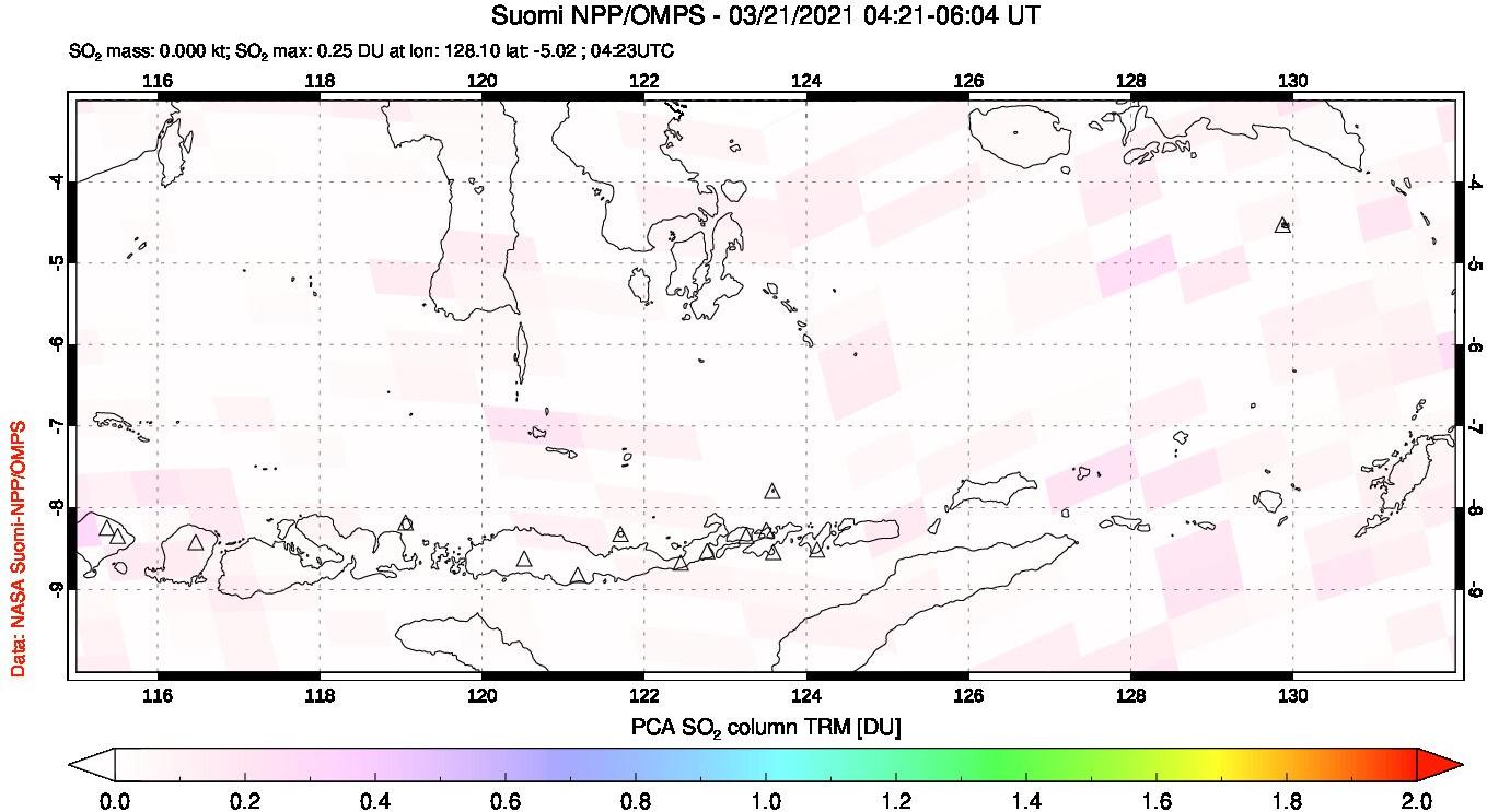 A sulfur dioxide image over Lesser Sunda Islands, Indonesia on Mar 21, 2021.