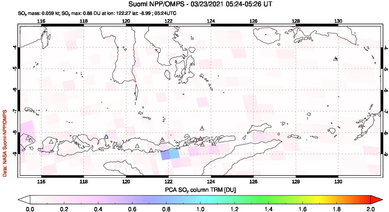 A sulfur dioxide image over Lesser Sunda Islands, Indonesia on Mar 23, 2021.