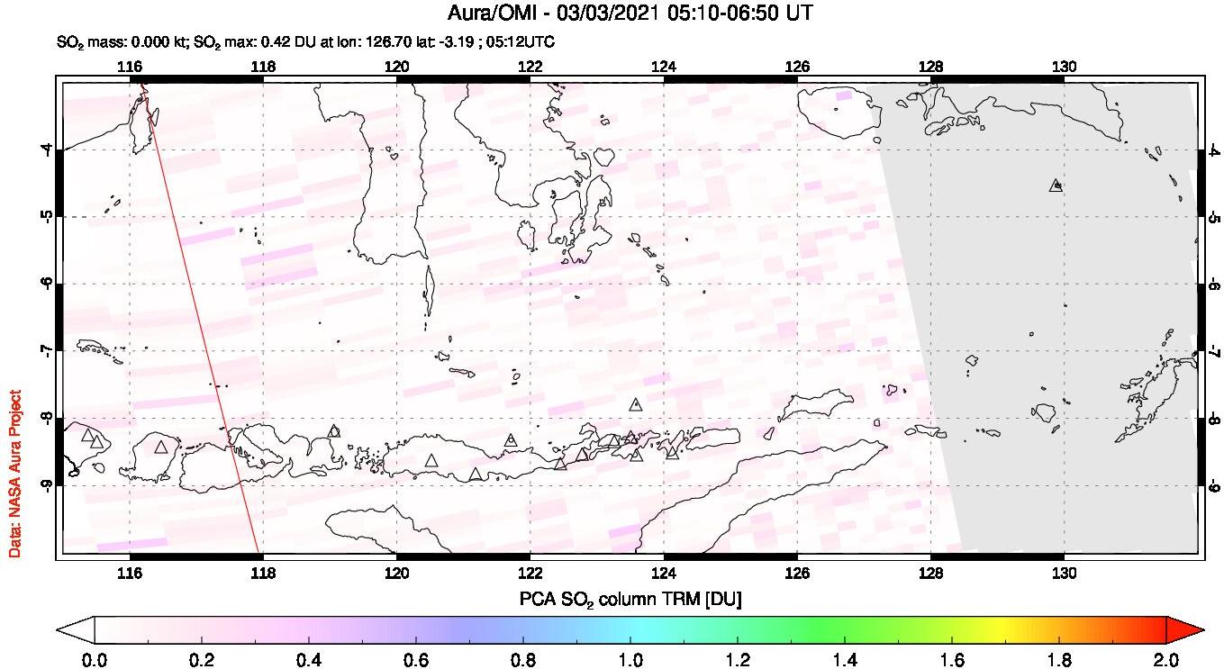 A sulfur dioxide image over Lesser Sunda Islands, Indonesia on Mar 03, 2021.