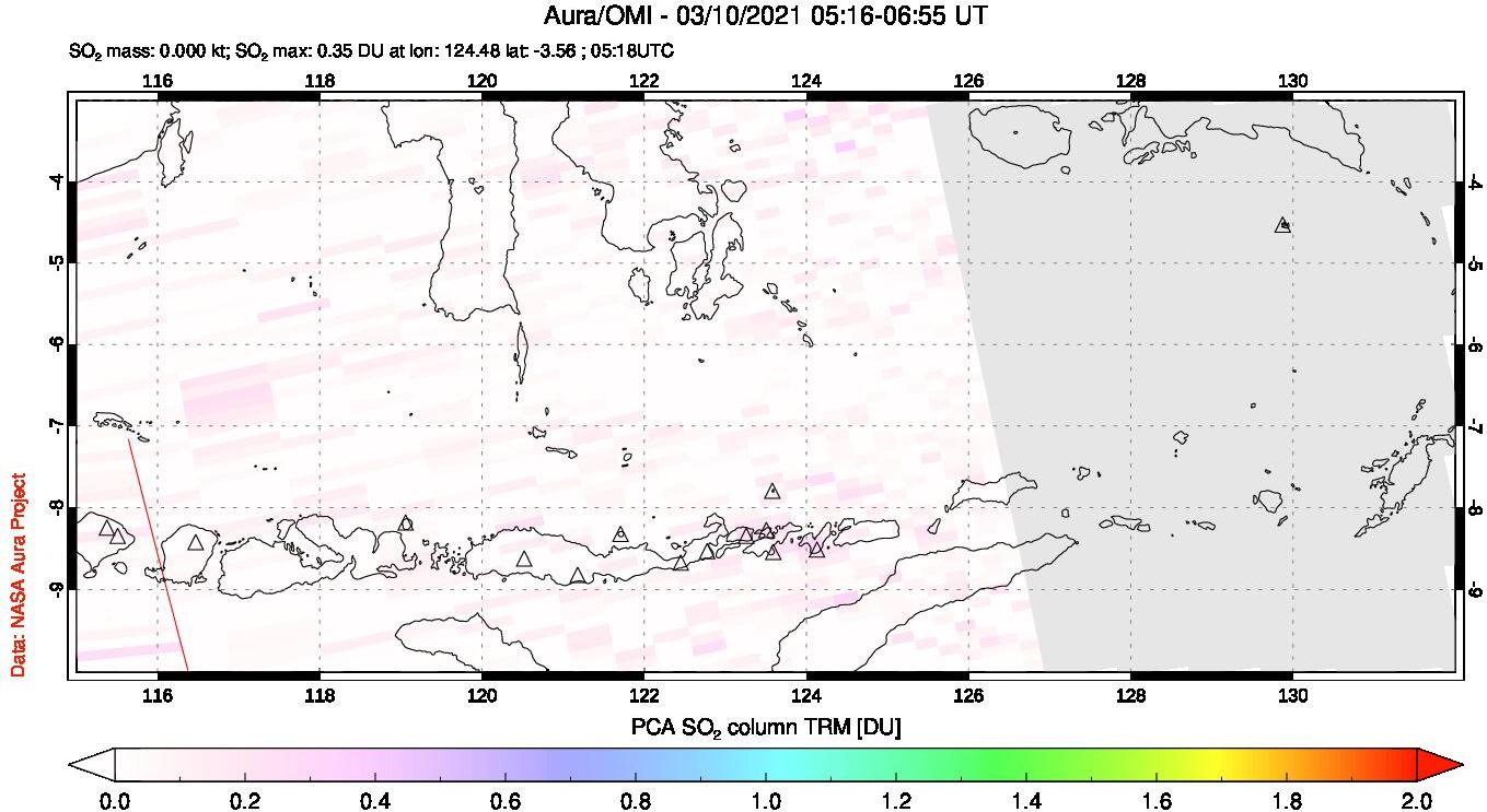 A sulfur dioxide image over Lesser Sunda Islands, Indonesia on Mar 10, 2021.