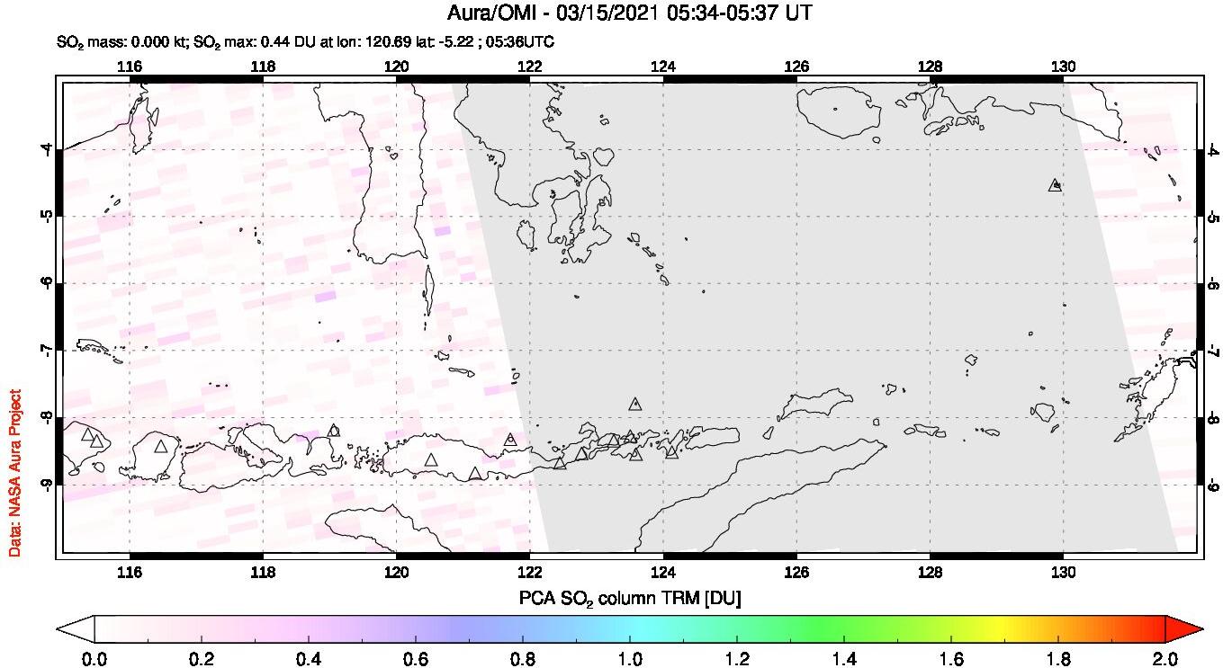 A sulfur dioxide image over Lesser Sunda Islands, Indonesia on Mar 15, 2021.