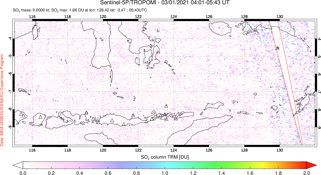 A sulfur dioxide image over Lesser Sunda Islands, Indonesia on Mar 01, 2021.