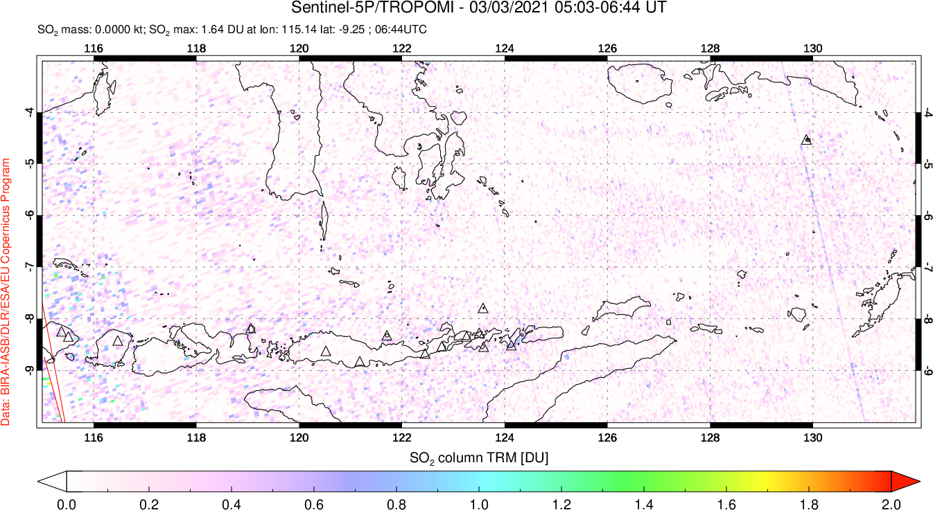 A sulfur dioxide image over Lesser Sunda Islands, Indonesia on Mar 03, 2021.