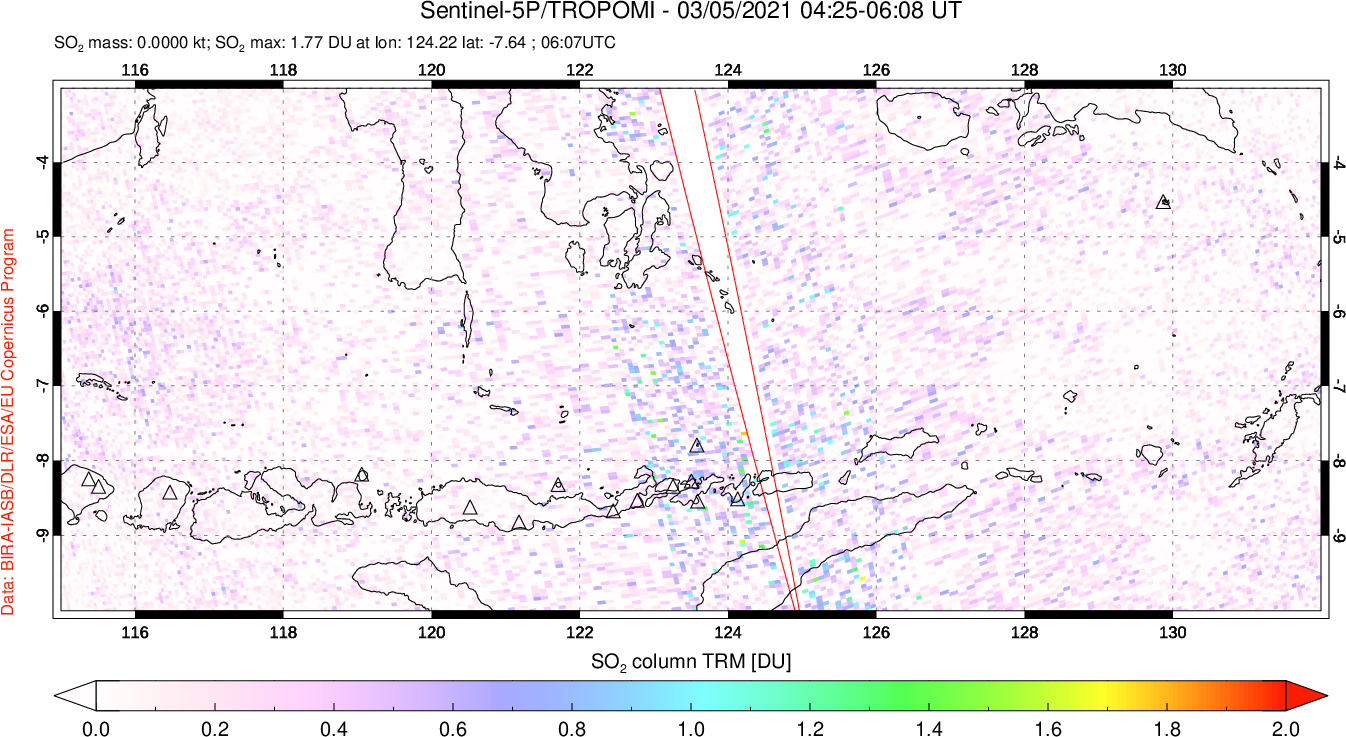 A sulfur dioxide image over Lesser Sunda Islands, Indonesia on Mar 05, 2021.