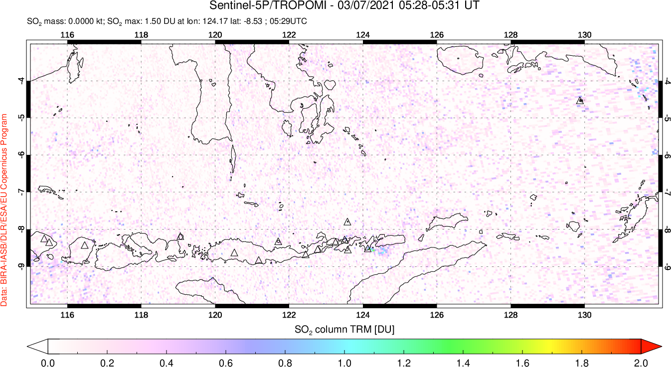 A sulfur dioxide image over Lesser Sunda Islands, Indonesia on Mar 07, 2021.
