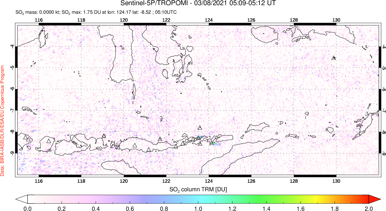 A sulfur dioxide image over Lesser Sunda Islands, Indonesia on Mar 08, 2021.