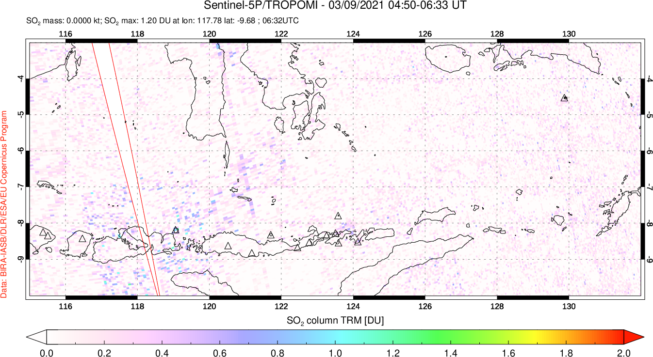 A sulfur dioxide image over Lesser Sunda Islands, Indonesia on Mar 09, 2021.