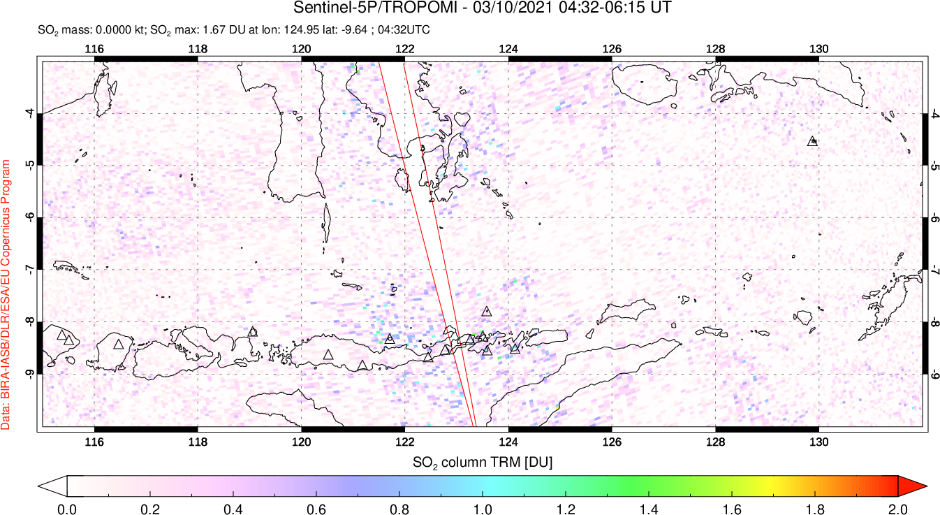 A sulfur dioxide image over Lesser Sunda Islands, Indonesia on Mar 10, 2021.