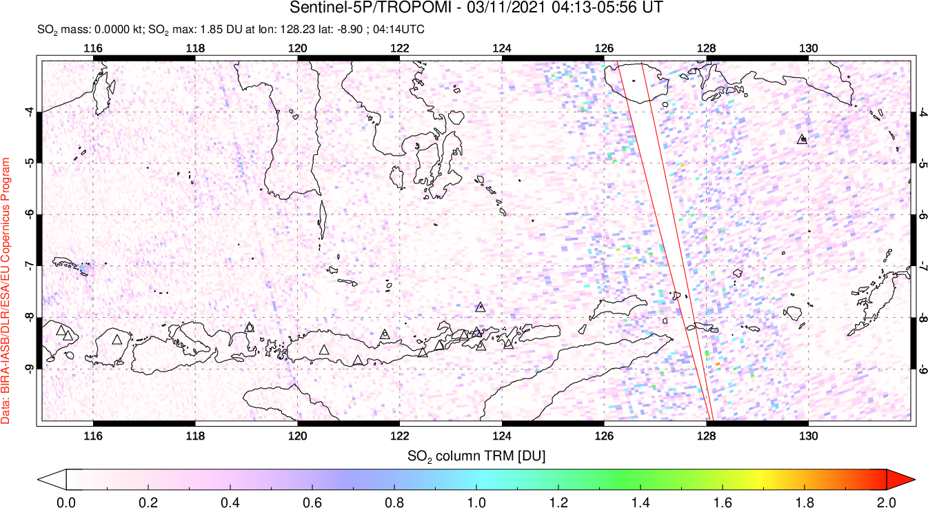 A sulfur dioxide image over Lesser Sunda Islands, Indonesia on Mar 11, 2021.