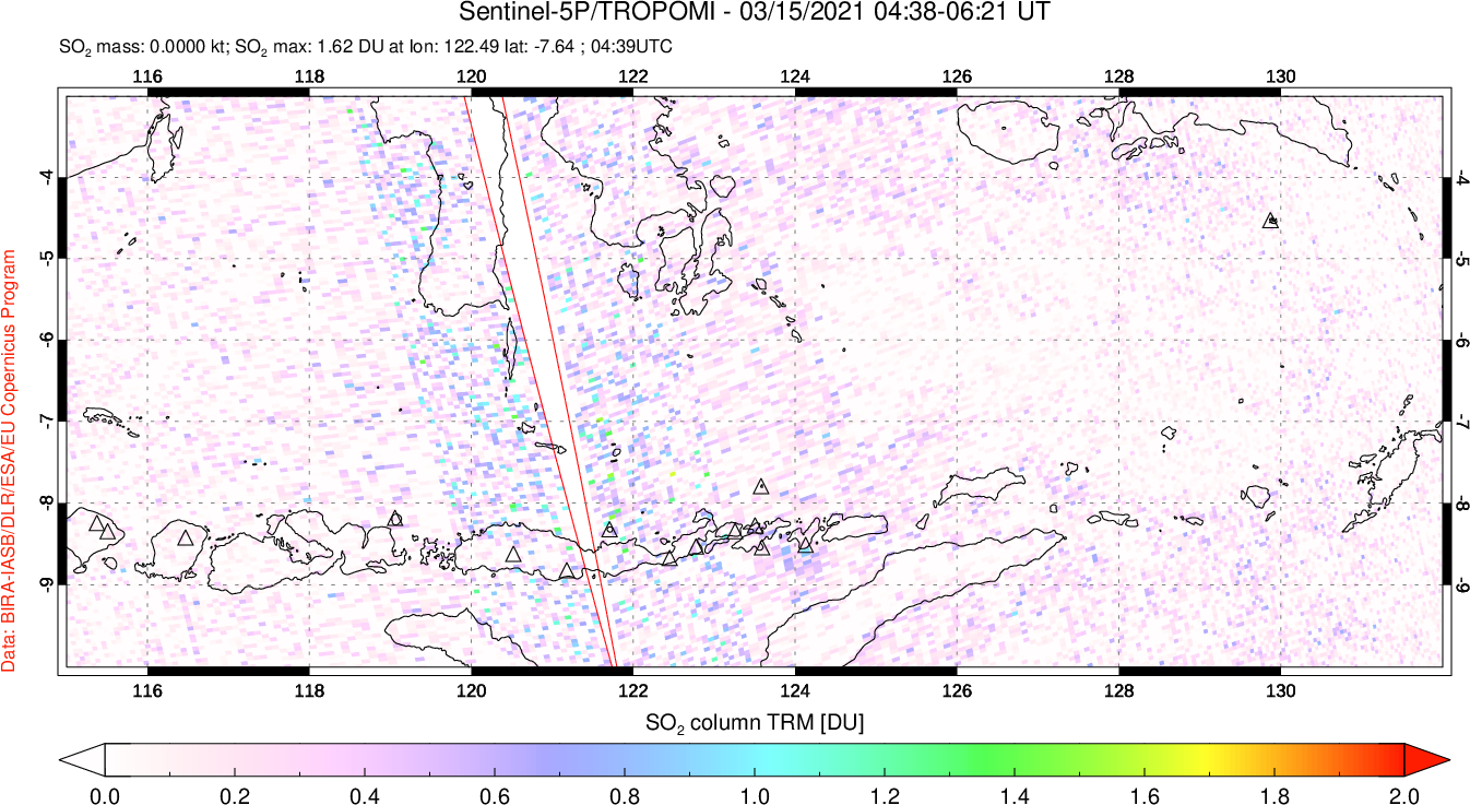A sulfur dioxide image over Lesser Sunda Islands, Indonesia on Mar 15, 2021.