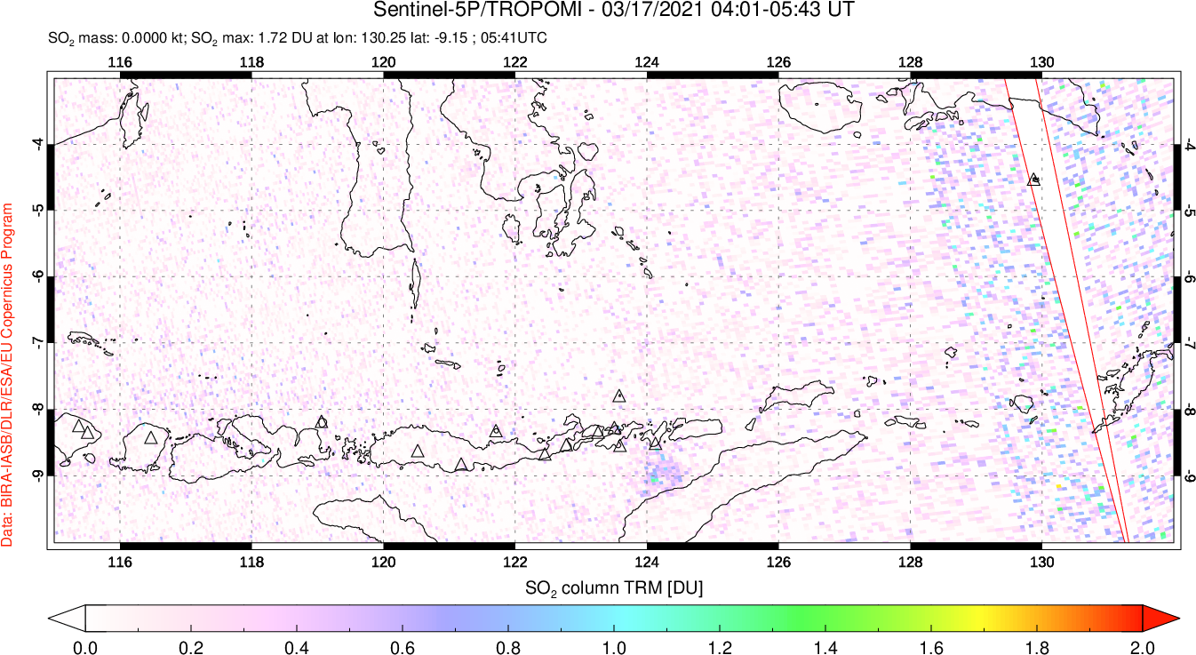 A sulfur dioxide image over Lesser Sunda Islands, Indonesia on Mar 17, 2021.