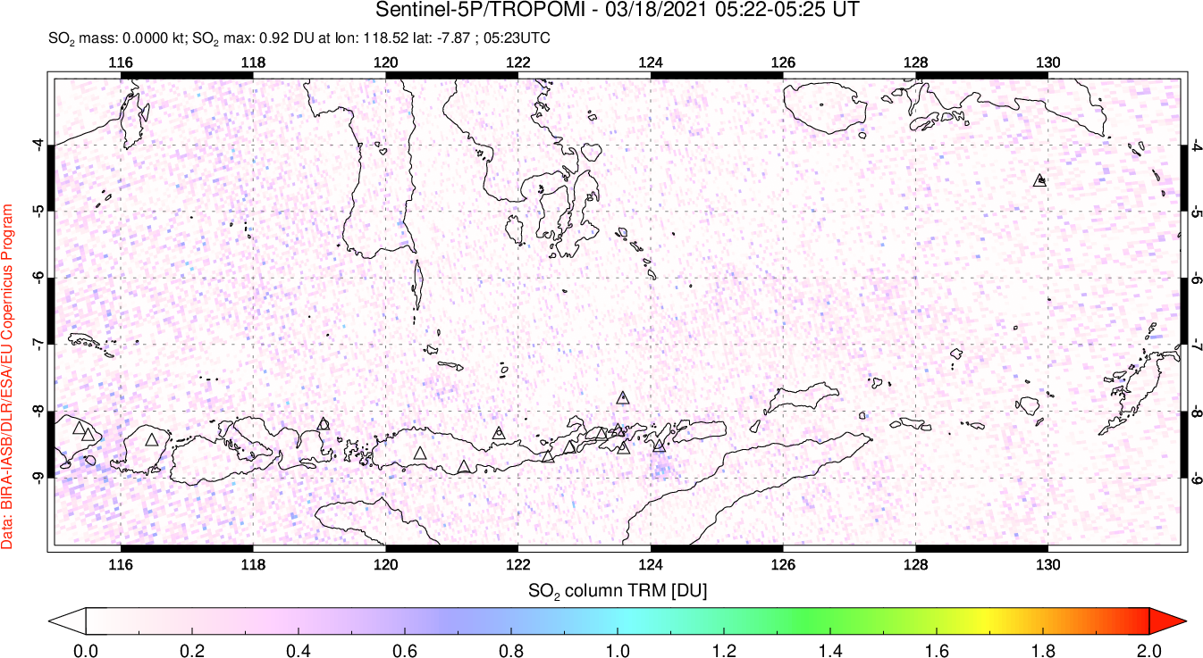A sulfur dioxide image over Lesser Sunda Islands, Indonesia on Mar 18, 2021.