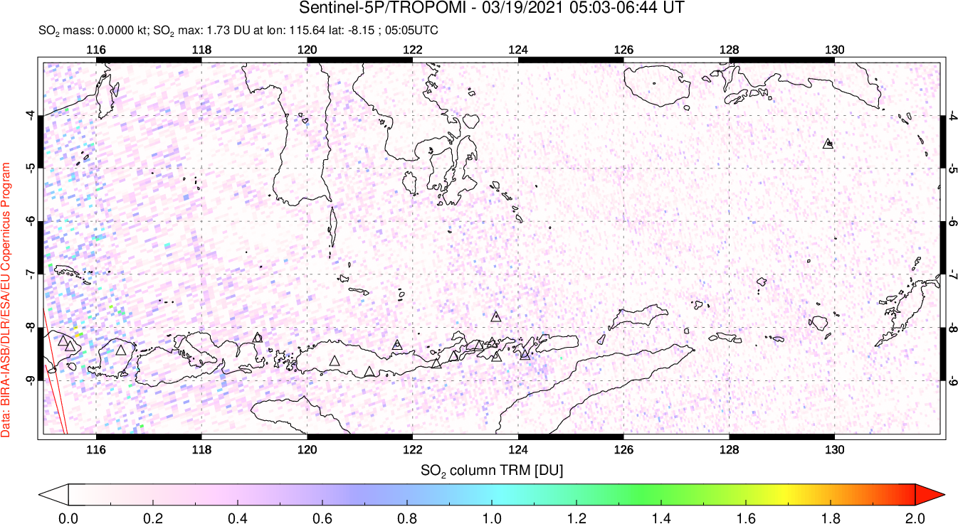 A sulfur dioxide image over Lesser Sunda Islands, Indonesia on Mar 19, 2021.