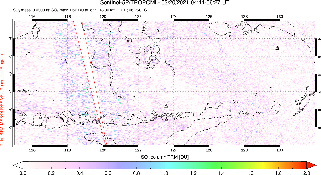 A sulfur dioxide image over Lesser Sunda Islands, Indonesia on Mar 20, 2021.