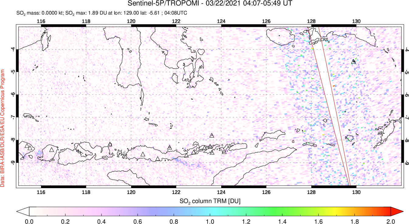 A sulfur dioxide image over Lesser Sunda Islands, Indonesia on Mar 22, 2021.