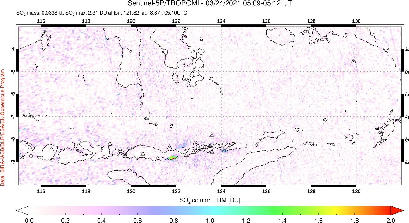 A sulfur dioxide image over Lesser Sunda Islands, Indonesia on Mar 24, 2021.