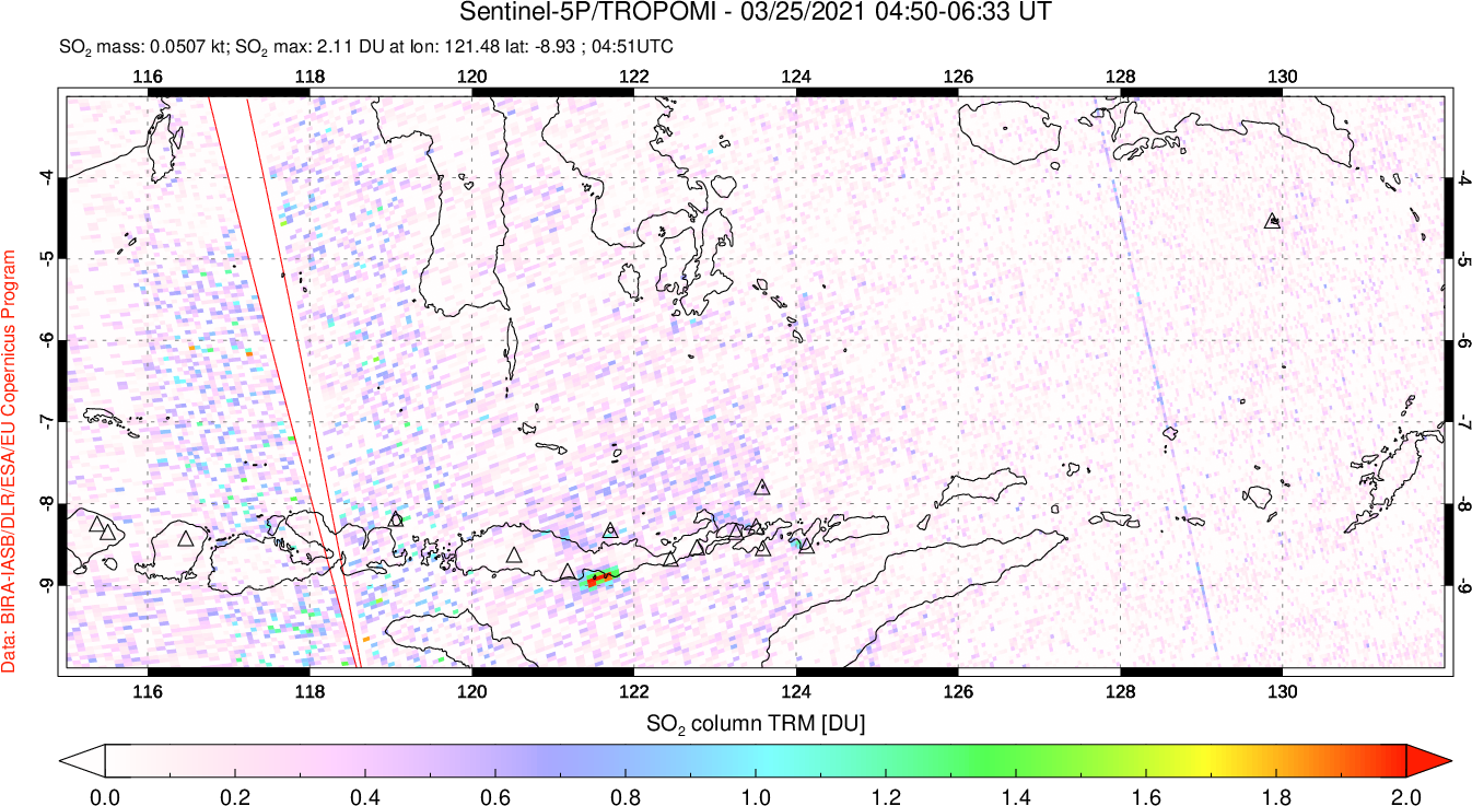 A sulfur dioxide image over Lesser Sunda Islands, Indonesia on Mar 25, 2021.